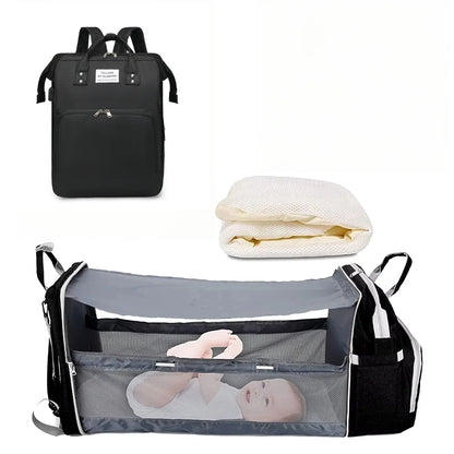 3-in-1 Diaper Bag Backpack with Foldable Baby Bed & USB Charging Port