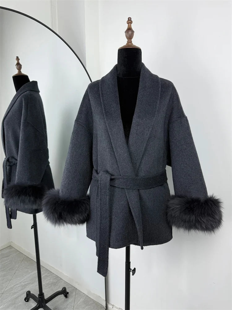 Women's Wool Coat with Fox Fur Cuffs – Elegant Belted Wrap Cardigan