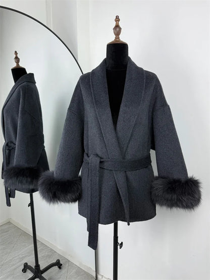 Women's Wool Coat with Fox Fur Cuffs – Elegant Belted Wrap Cardigan