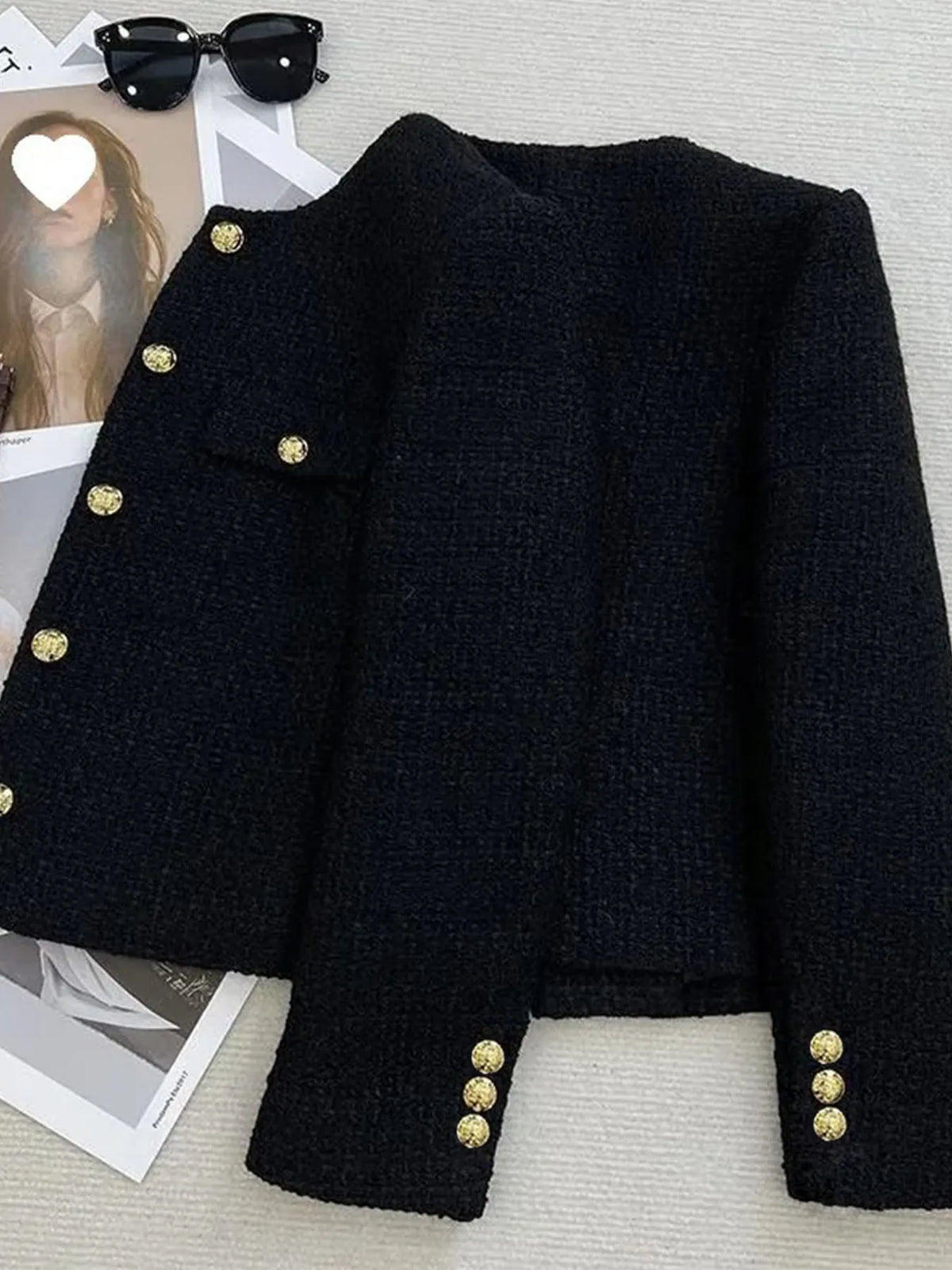 Women's Short Wool Tweed Coat with Gold Buttons – Slim Fit