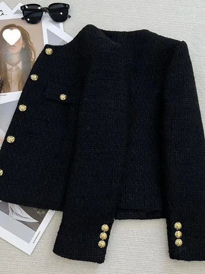 Women's Short Wool Tweed Coat with Gold Buttons – Slim Fit