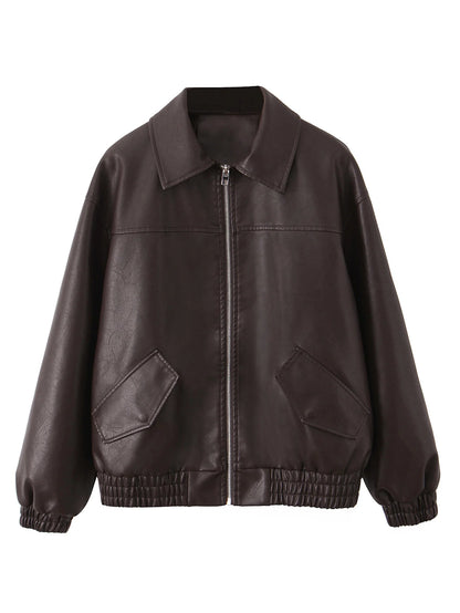 Women's Oversized Faux Leather Jacket – Retro Streetwear Zip Coat