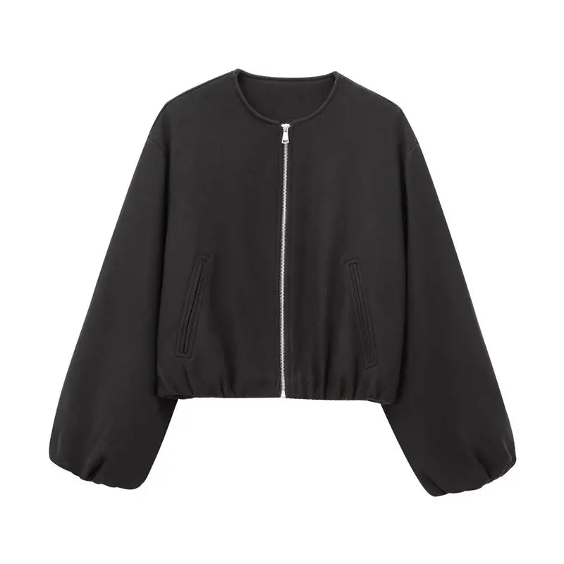 Women's Loose Zip-Up Bomber Jacket – Casual Long Sleeve Outerwear