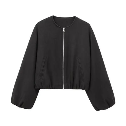 Women's Loose Zip-Up Bomber Jacket – Casual Long Sleeve Outerwear