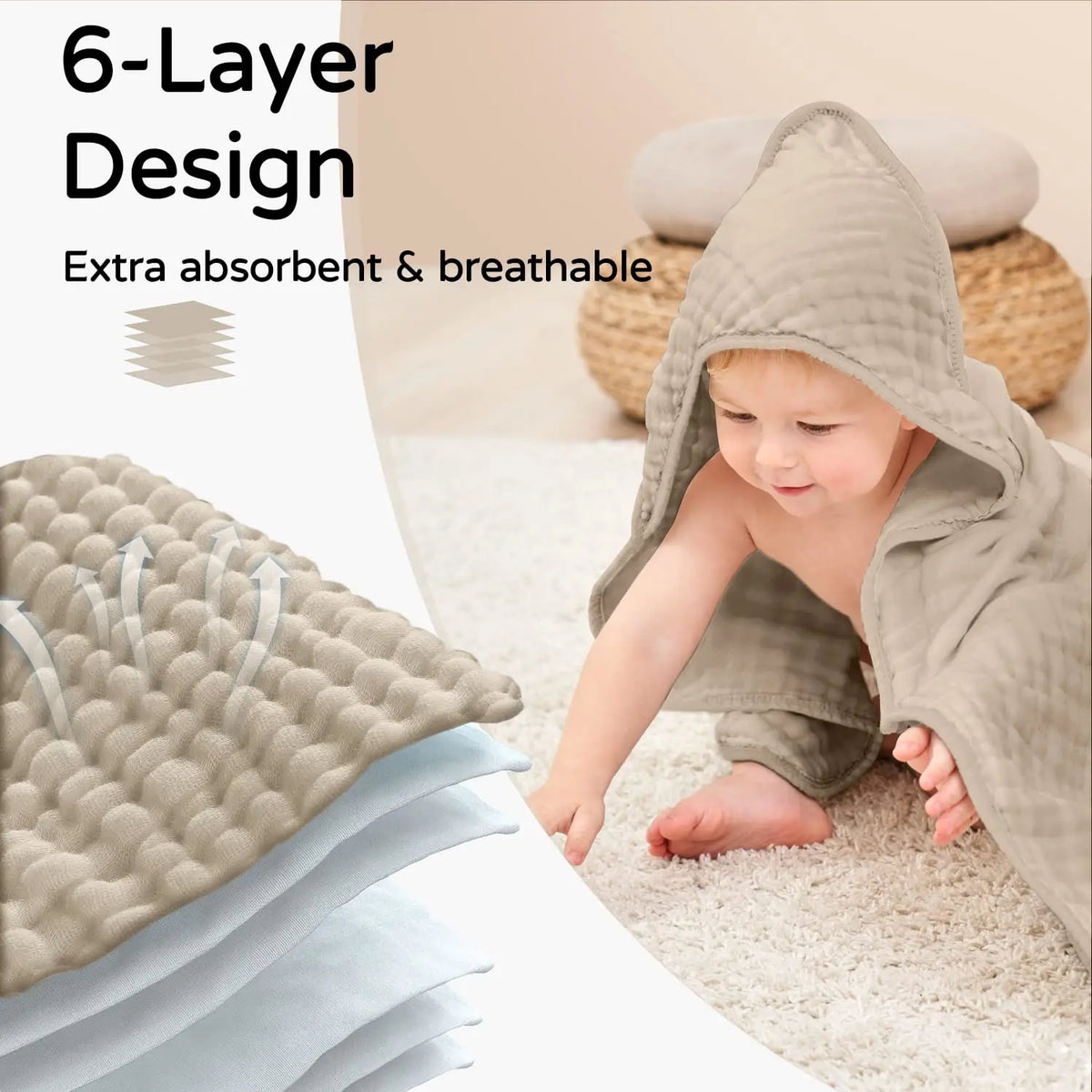 Muslin Hooded Baby Bath Towel – 100% Cotton, Ultra-Soft & Absorbent