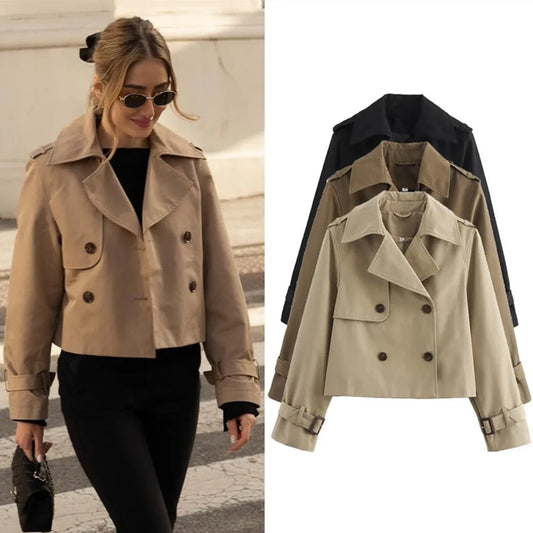 Cropped Double-Breasted Trench Coat – Women's Vintage Jacket