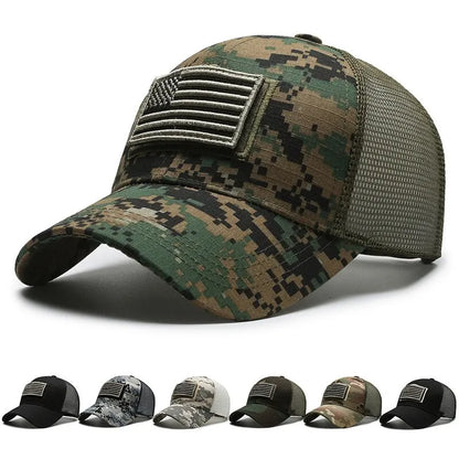 Camouflage Baseball Cap with American Flag Patch – Men's Mesh Trucker Hat