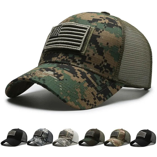 Camouflage Baseball Cap with American Flag Patch – Men's Mesh Trucker Hat