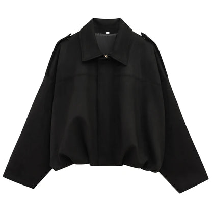 Cropped Bomber Jacket Women Suede Lapel Zip-Up Street Coat