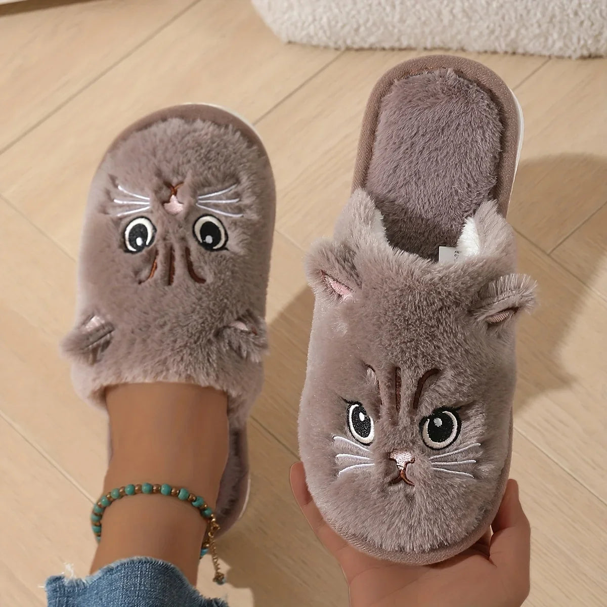 Cat Plush Slippers – Cute 3D Ear Indoor House Shoes with Non-Slip Sole