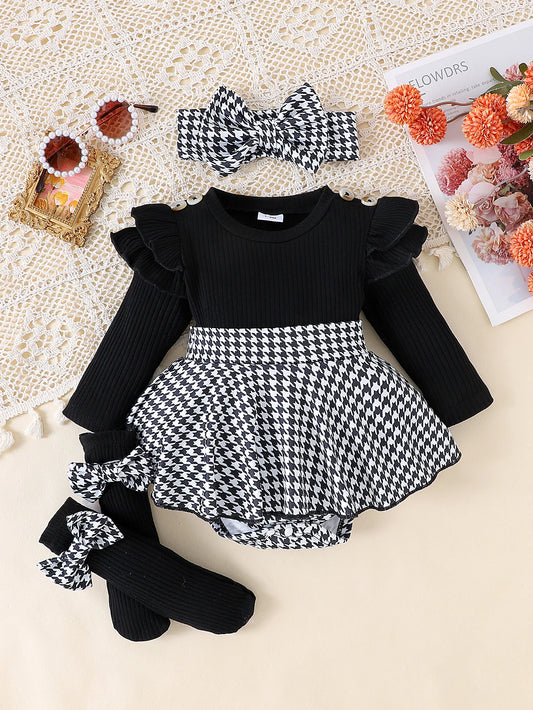 Baby Girl Houndstooth Romper Set with Headband & Stockings