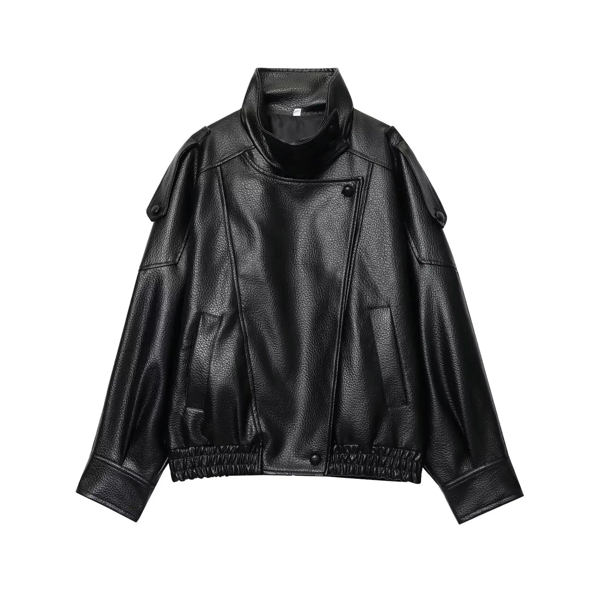 Oversized Faux Leather Jacket for Women – Button Closure