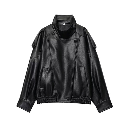 Oversized Faux Leather Jacket for Women – Button Closure