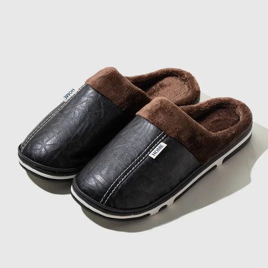 PU Leather Winter Slippers – Waterproof Fur-Lined Indoor Shoes