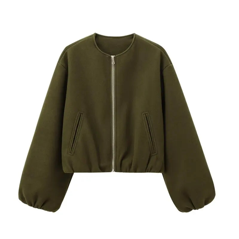 Women's Loose Zip-Up Bomber Jacket – Casual Long Sleeve Outerwear