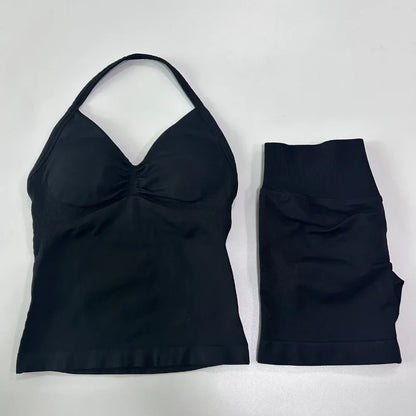 Women's 2-Piece Seamless Sports Set – Backless Tank Top & Scrunch Shorts