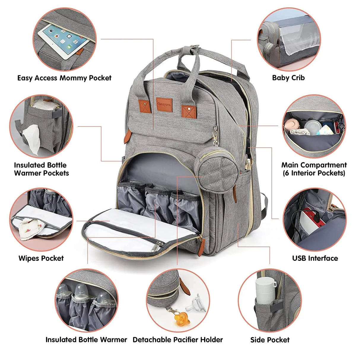 3-in-1 Diaper Bag Backpack with Foldable Baby Bed & USB Charging Port